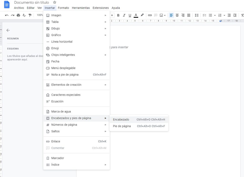 Google docs - Insertar - Encabezados