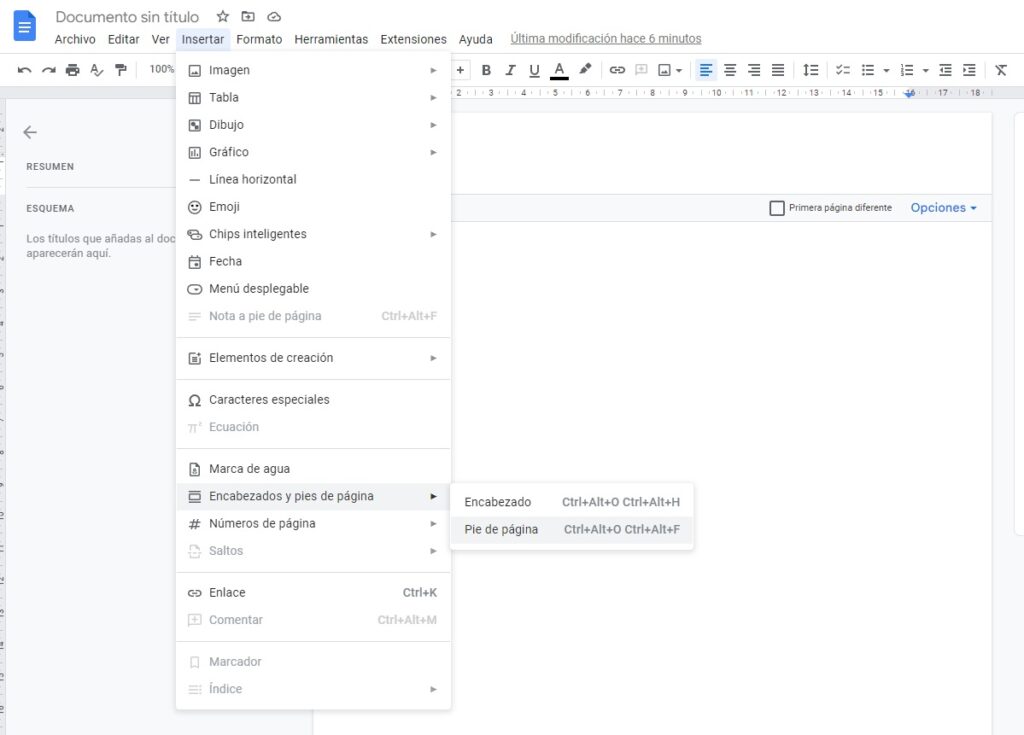 Google Docs -> Insertar pie de página