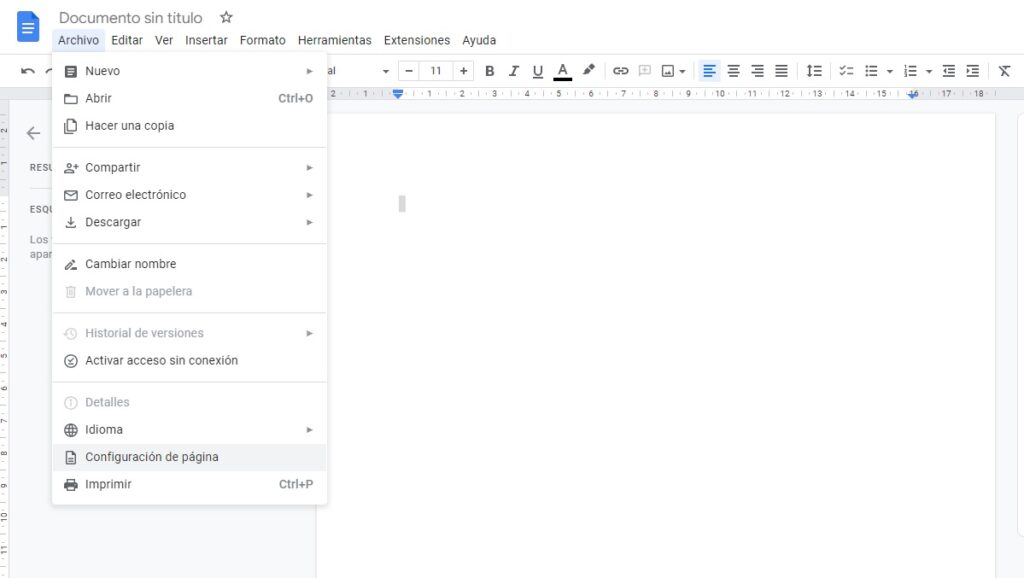 Google docs -> Archivo -> Configuración de página