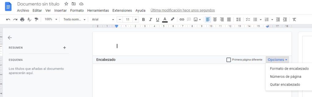 Google docs -> Editar encabezados